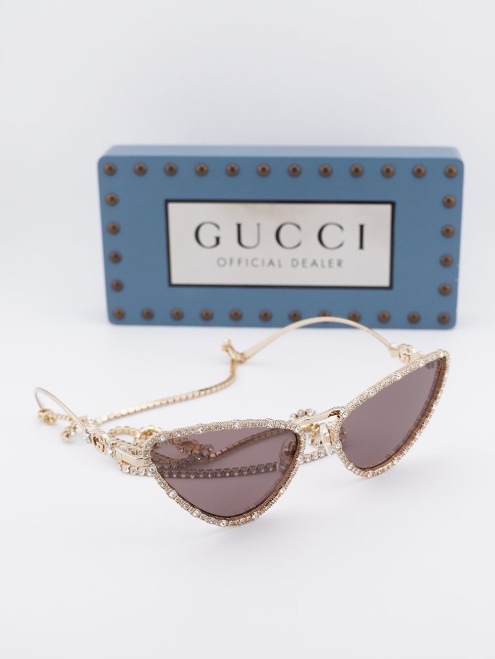 Gucci GG1569S 001 Cat Eye Sunglasses - Gold with White Stone / Brown - Picture 10 of 12